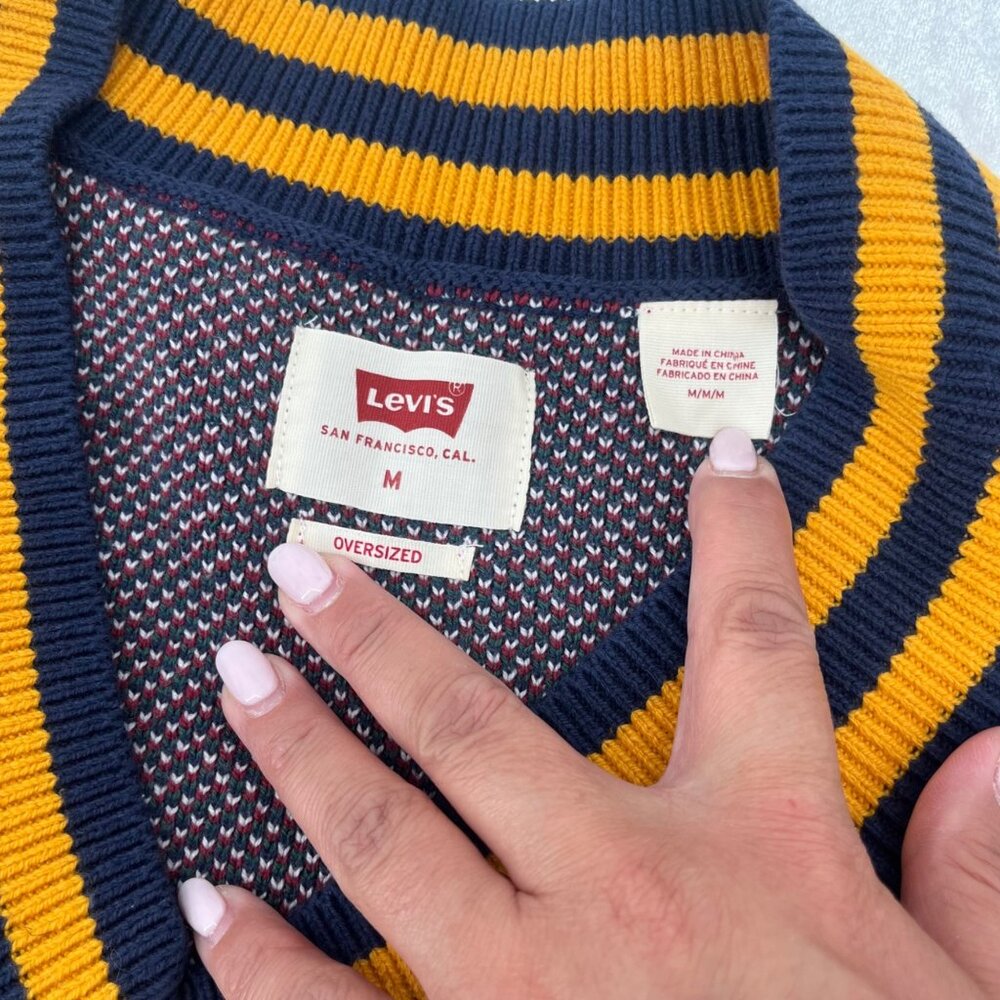 Levis Stay Loose Oversized V-Neck Argyle Sweater Medium Multicolor Cotton Blend - Picture 4 of 5